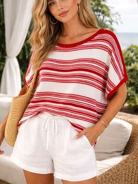Ralph Lauren Red White Striped Knit Top Dolman Sleeve Coastal Nautical Plus 2X